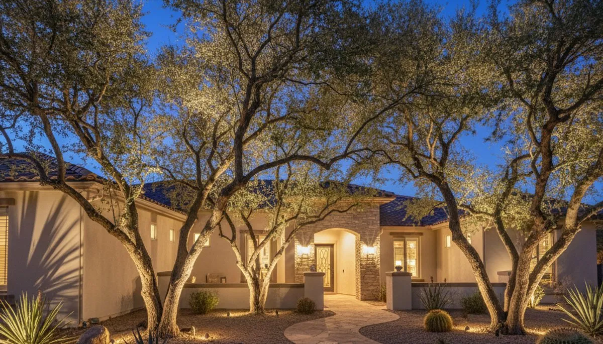 Dramatic tree uplighting design by professional landscapers in Mesa, AZ enhancing evening landscape ambiance