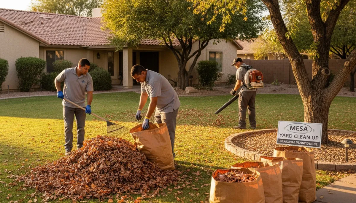 Landscapers performing fall leaf removal and lawn cleanup at a residential yard in Mesa, AZ