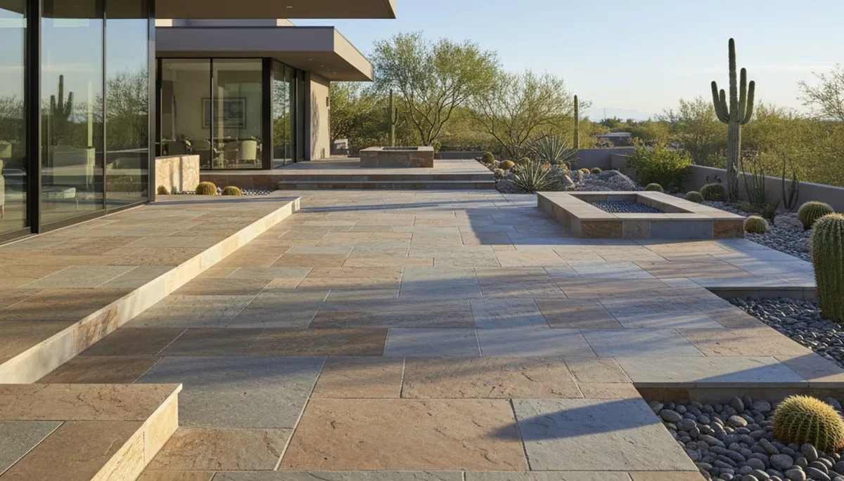 Modern large stone patio installation by professional landscapers in Mesa, AZ