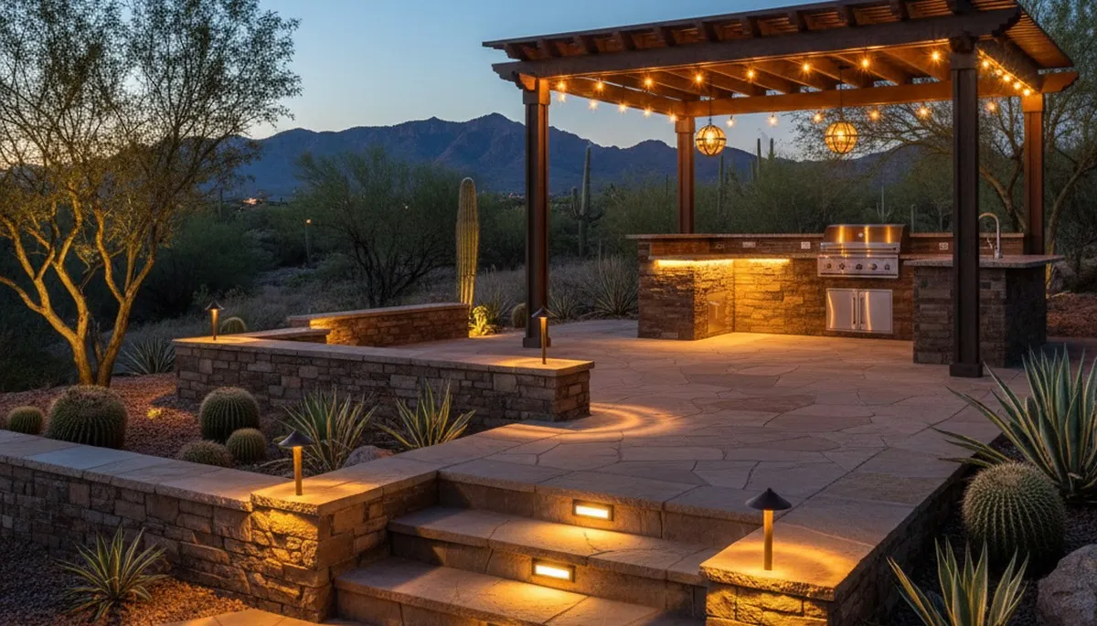 Outdoor living space with layered landscape lighting installation in Mesa, AZ by professional landscapers